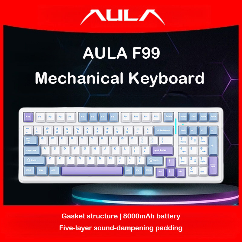 Gaming Keyboard Nearby - AULA F99 メカニカルキーボード。トリプルモード（2.4GHz、Bluetooth、有線）、ホットスワップ対応、PBTキーキャップ、ガスケット構造、RGBバックライト、99キー。ゲーマー向け。